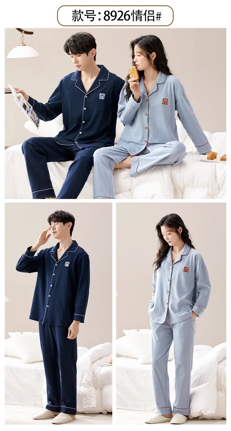 2024 New Cotton Homewear for Couples Autumn Women and Men Matching Cardigan Pajamas Set Young Girl Boy Pjs Pijamas Mujer Hombre