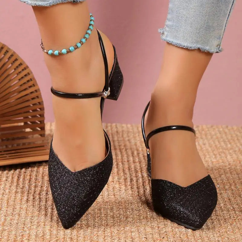 Gold Silver Bling High Heel Pumps Women Fashion Back Strap Slip-On Party Shoes Woman Pointed Toe Slingbacks Thick-Heeled Shoes