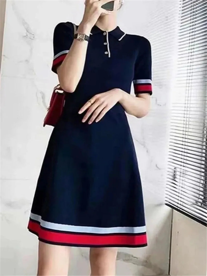 Vestido de punto con cuello de polo para mujer, vestido de verano para oficina, manga corta, ajustado, elegante, para fiesta, informal, elegante, coreano, a rayas, vestido de moda