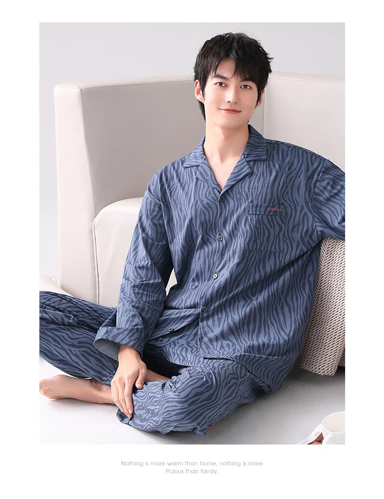 Conjuntos de pijamas para hombre, pijamas de algodón, cárdigan con botones para hombre, ropa de dormir, ropa de dormir de manga larga, chándal informal estampado, pijama para hombre