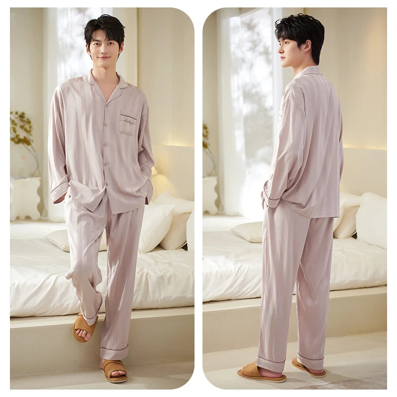 Men Silk Satin Nightwear Suit Spring Autumn Striped Long Sleeve Pajamas Casual Cardigan Homewear Big Yards M-3XL Pijamas Hombre