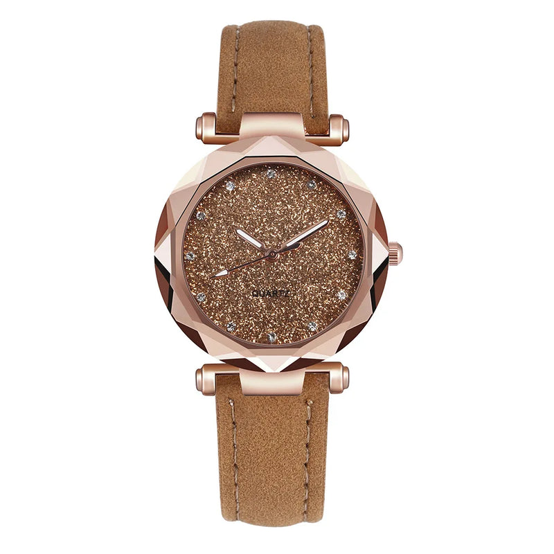 Round Face Rhinestone Star Sky Silver Pink Women for Watch Leisure Fashion Trend Frosted Belt Vintage Black Quartz Wristwatch