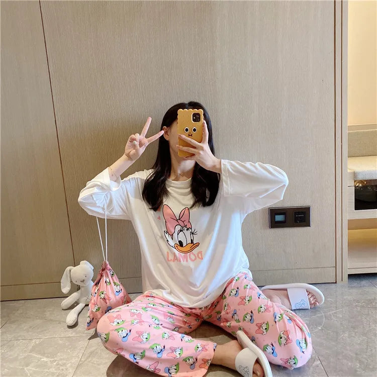 Pijama nuevo de Disney Donald Duck para mujer, conjunto de dos piezas de pantalones de manga larga de algodón de otoño, pijama de seda, conjunto de ropa de estar por casa para mujer