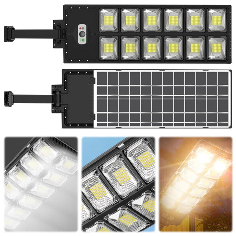 Luces solares potentes para exteriores de 12 cabezales, 504 LED, 3 modos, lámparas de panel solar, control remoto, lámpara de calle para jardín a prueba de agua