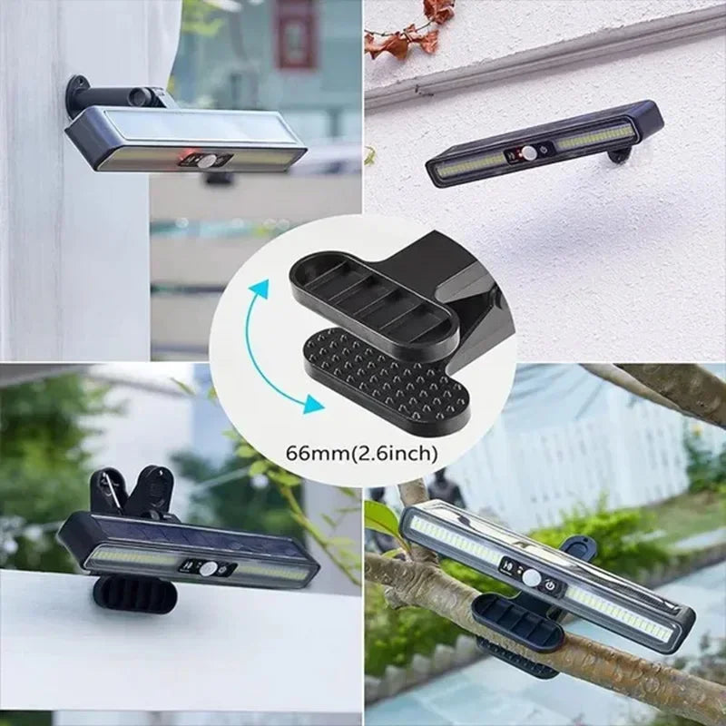 Luces solares de detección de movimiento con clip para exteriores, impermeables, luces solares para vallas exteriores con 36 LED, luz de seguridad portátil con energía solar