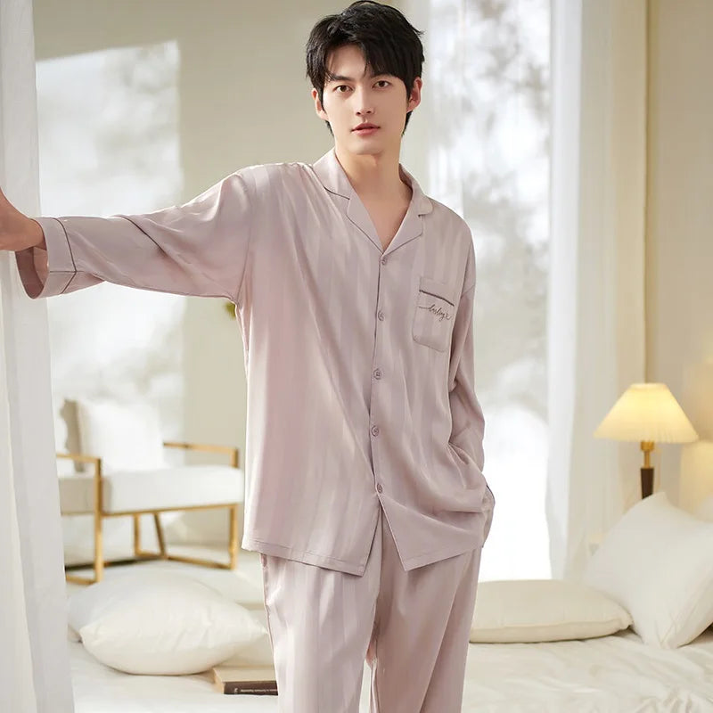 Men Silk Satin Nightwear Suit Spring Autumn Striped Long Sleeve Pajamas Casual Cardigan Homewear Big Yards M-3XL Pijamas Hombre