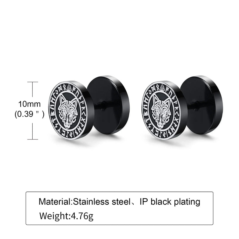 Gothic Norse Viking Runes Stud Earrings for Men Boys Rock Punk Stainless Steel Wolf Head Compass Celtic Knot Black Earrings