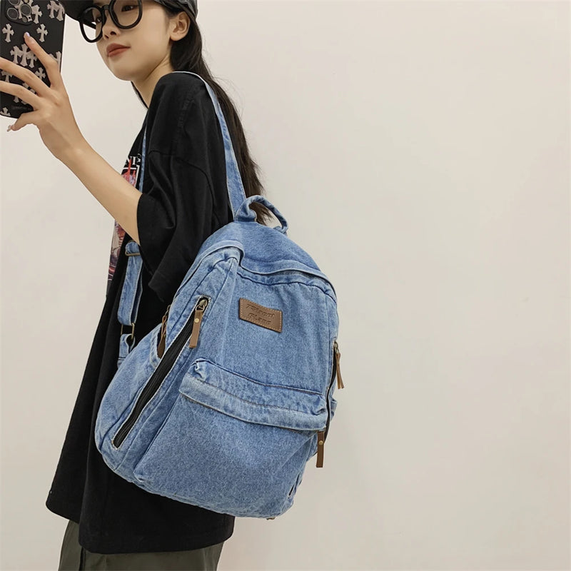 Denim Fashion Backpacks for School Trend Student Jeans Bag Multi Pockets Large Capacity Rucksack Mochila De Escola Feminina 2023