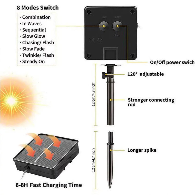 Guirnalda de luces LED solares para exteriores, 7 m, 22 m y 32 m, resistente al agua, para decoración de fiestas navideñas y fiestas