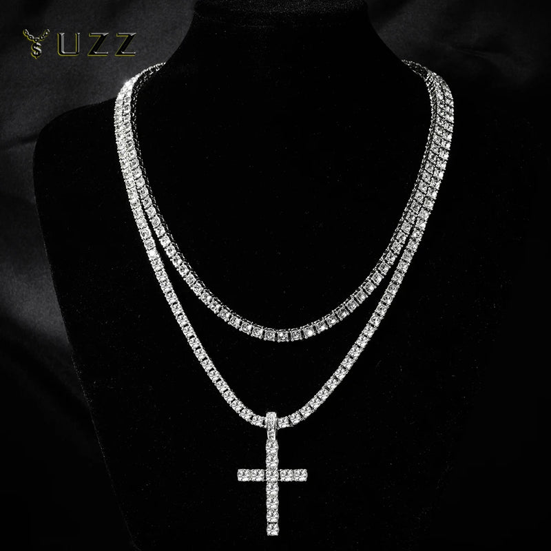 Men Women Hip Hop Cross Pendant Necklace Strap Men 4mm Zircon Tennis Chain Iced Sparkling Necklace Punk Jewelry Fashion Gift