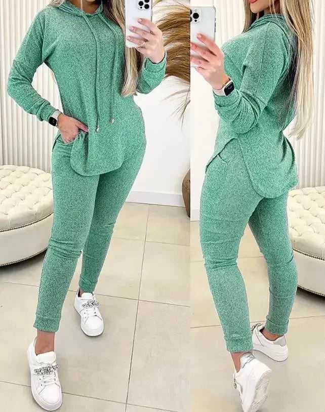 Conjunto de 2 piezas para mujer, moda de primavera 2024, sudadera con capucha de manga larga con abertura en el dobladillo y pantalones casuales de cintura alta con diseño de bolsillo