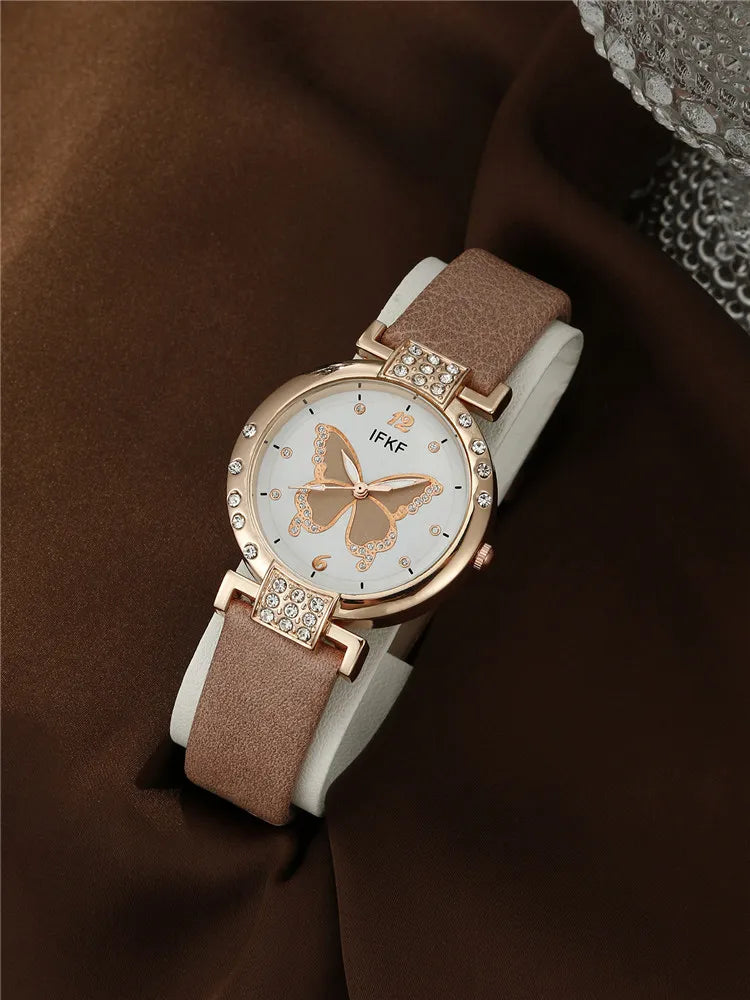 New Korean Fashion Simple Belt Quartz Watch Women's Edition+Jewelry Three Piece Set