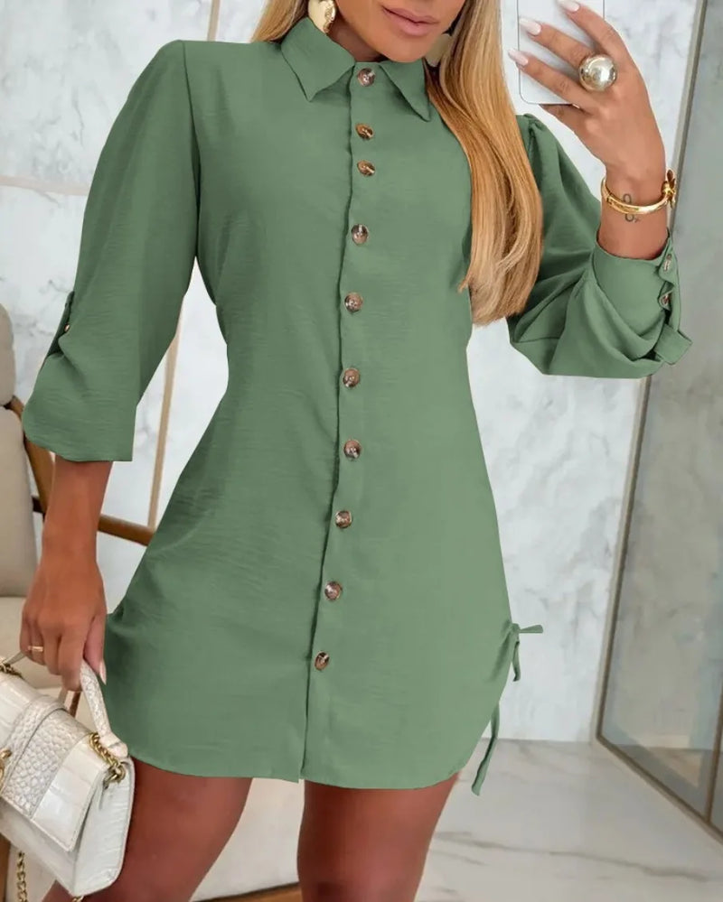 Elegant Women's White Black Casual Shirt Dress Spring Autumn Turn-down Collar Button Long Sleeved Drawstring Slim Shirts Dresses