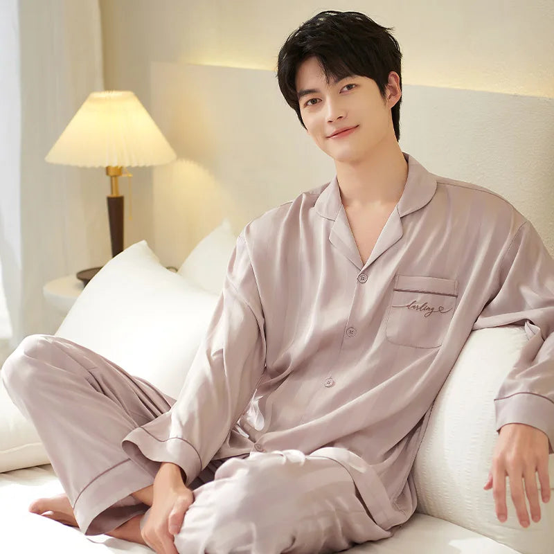 Men Silk Satin Nightwear Suit Spring Autumn Striped Long Sleeve Pajamas Casual Cardigan Homewear Big Yards M-3XL Pijamas Hombre