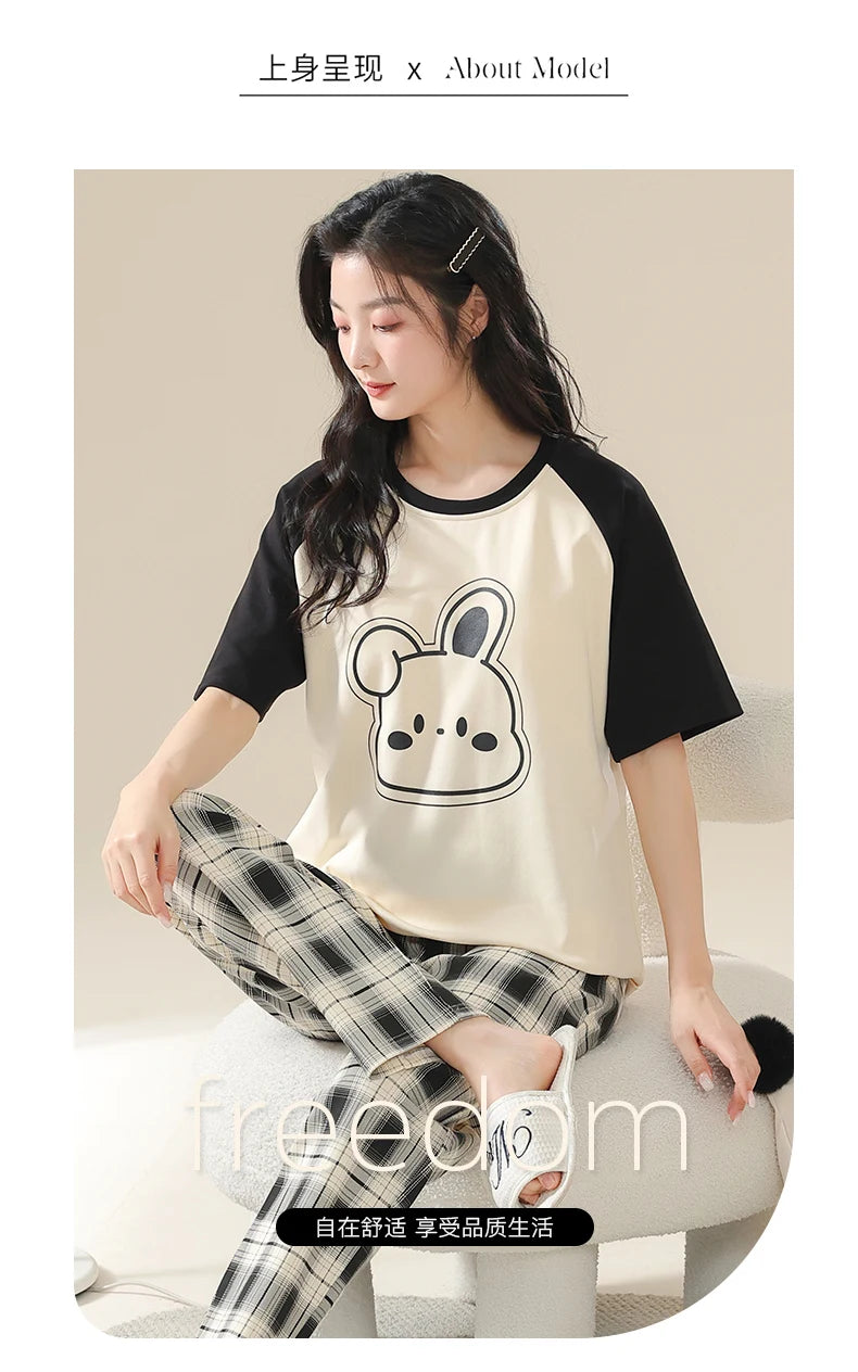 Big Size 5XL Pajama Sets Short Sleeved Cartoon Bear Knitted Pjs Plaid Sleepwear Elegant Women's Pajamas Lounge Home Pijama Mujer