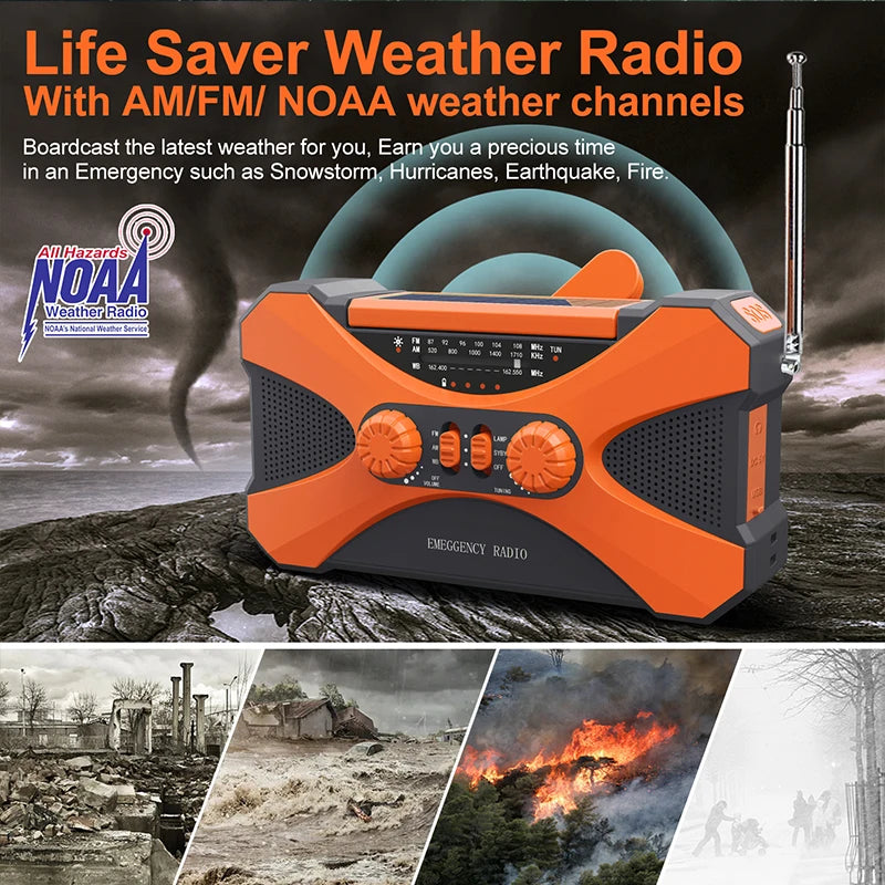 Radio multifuncional de 10000 mAh con manivela y carga solar por USB, radio meteorológica FM, AM, WB, NOAA, linterna LED de emergencia