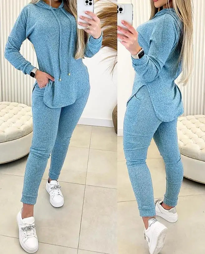 Conjunto de 2 piezas para mujer, moda de primavera 2024, sudadera con capucha de manga larga con abertura en el dobladillo y pantalones casuales de cintura alta con diseño de bolsillo