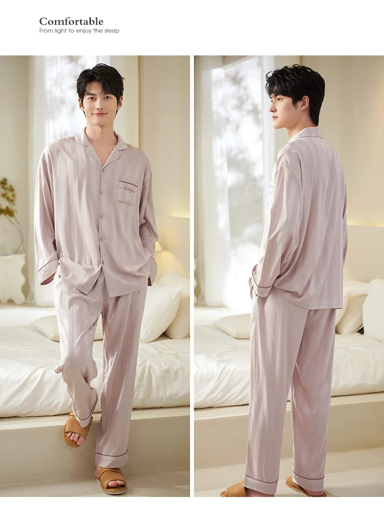 Men Silk Satin Nightwear Suit Spring Autumn Striped Long Sleeve Pajamas Casual Cardigan Homewear Big Yards M-3XL Pijamas Hombre