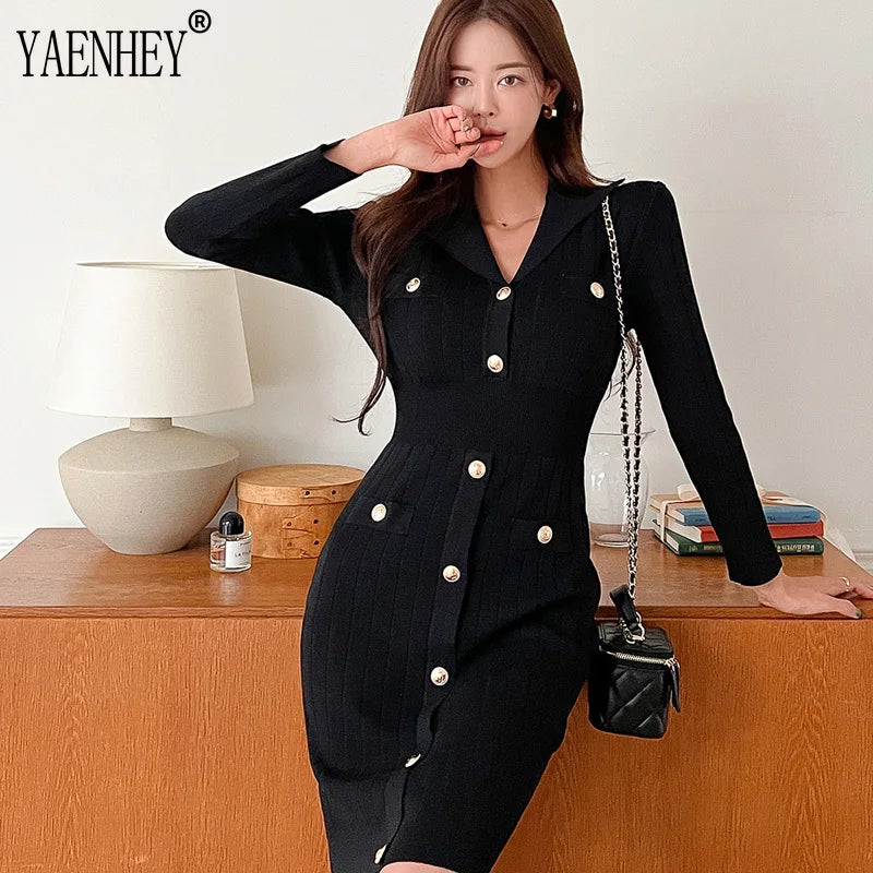 Black Elegant Knitting Bodycon Mini Dress Women Sexy V Neck Slim Long Sleeve Button Wrap Hip Short Dress Korea Chic Autumn 2023