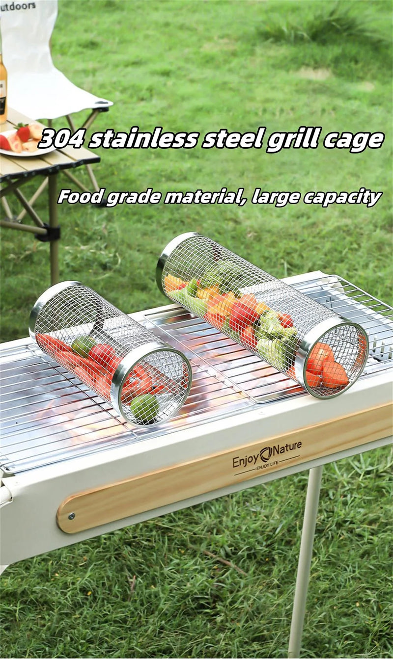 BBQ Basket Stainless Steel Rolling Grilling Basket Wire Mesh Cylinder Grill Basket Portable Round Outdoor Camping Barbecue Rack