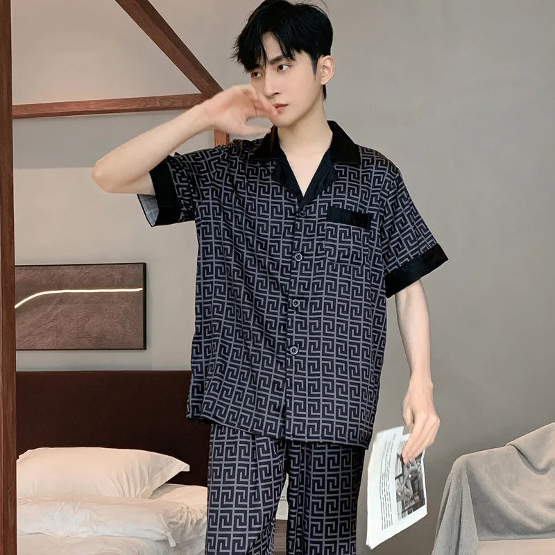 Pajamas Men Spring Summer Thin Ice Silk Luxurious Loose Fitting Home Wear Suit Male Satin Pyjamas Set Night Sleep-Suit Gentlemen