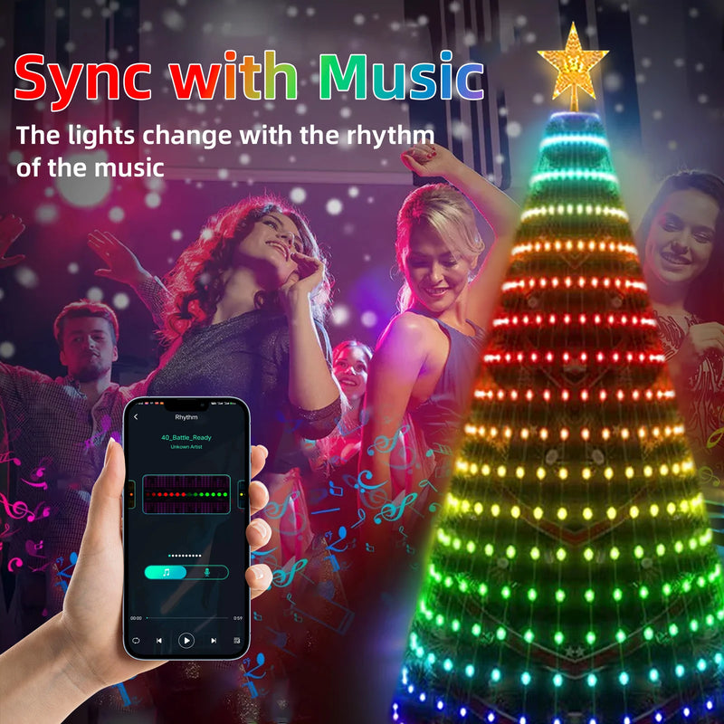 Smart RGB LED Christmas Tree Lights Fairy LED Star Strings Waterfall APP Bluetooth Yard Holiday Music Rhythm Lights RGB LED Xmas