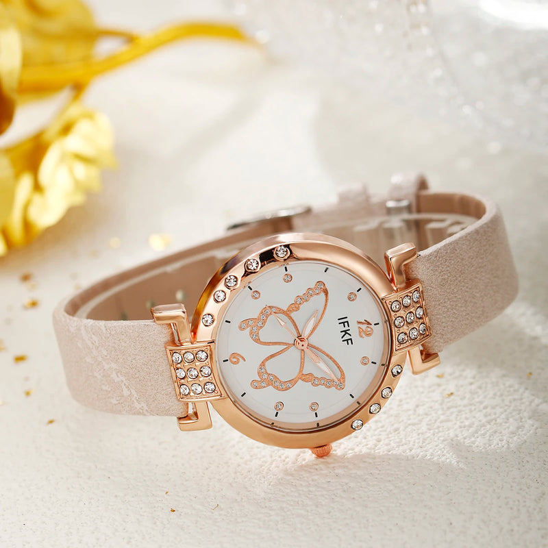 New Korean Fashion Simple Belt Quartz Watch Women's Edition+Jewelry Three Piece Set