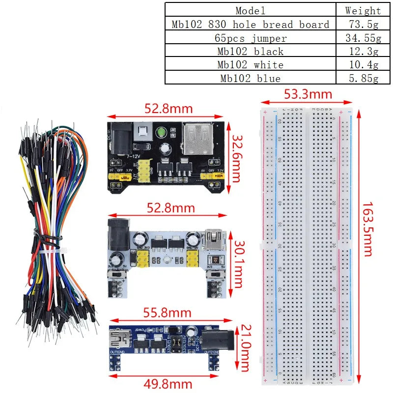 Módulo de alimentación de placa de pruebas MB102 de 3,3 V/5 V + 65 cables puente + prototipo de placa de pruebas MB-102 de 830 puntos para kit Arduino