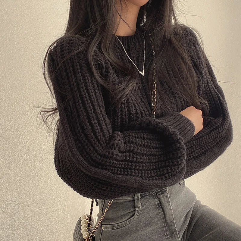 Pink Cropped Knitted Sweaters for Women 2024 Korean Fashion Loose Long Sleeve Jersey Woman Solid Color Wild Round Neck Pullover