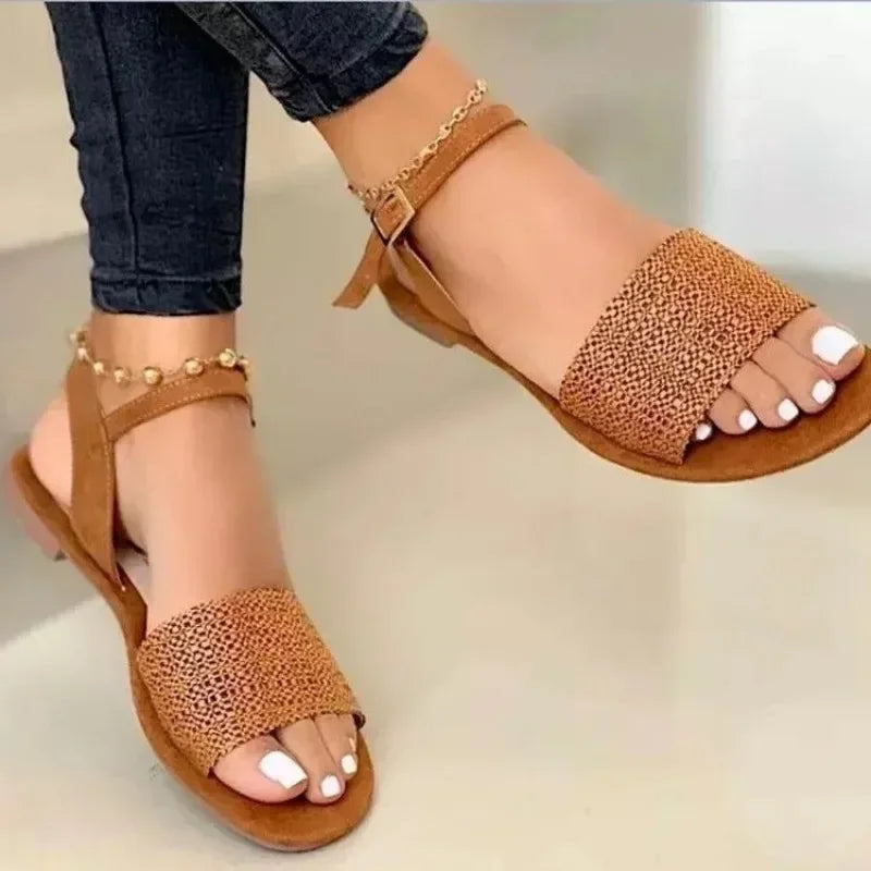 Sandalias de mujer 2024 nuevas de verano, zapatos planos con tiras en el tobillo, zapatos romanos informales para mujer, sandalias de gladiador de punta abierta a la moda para mujer