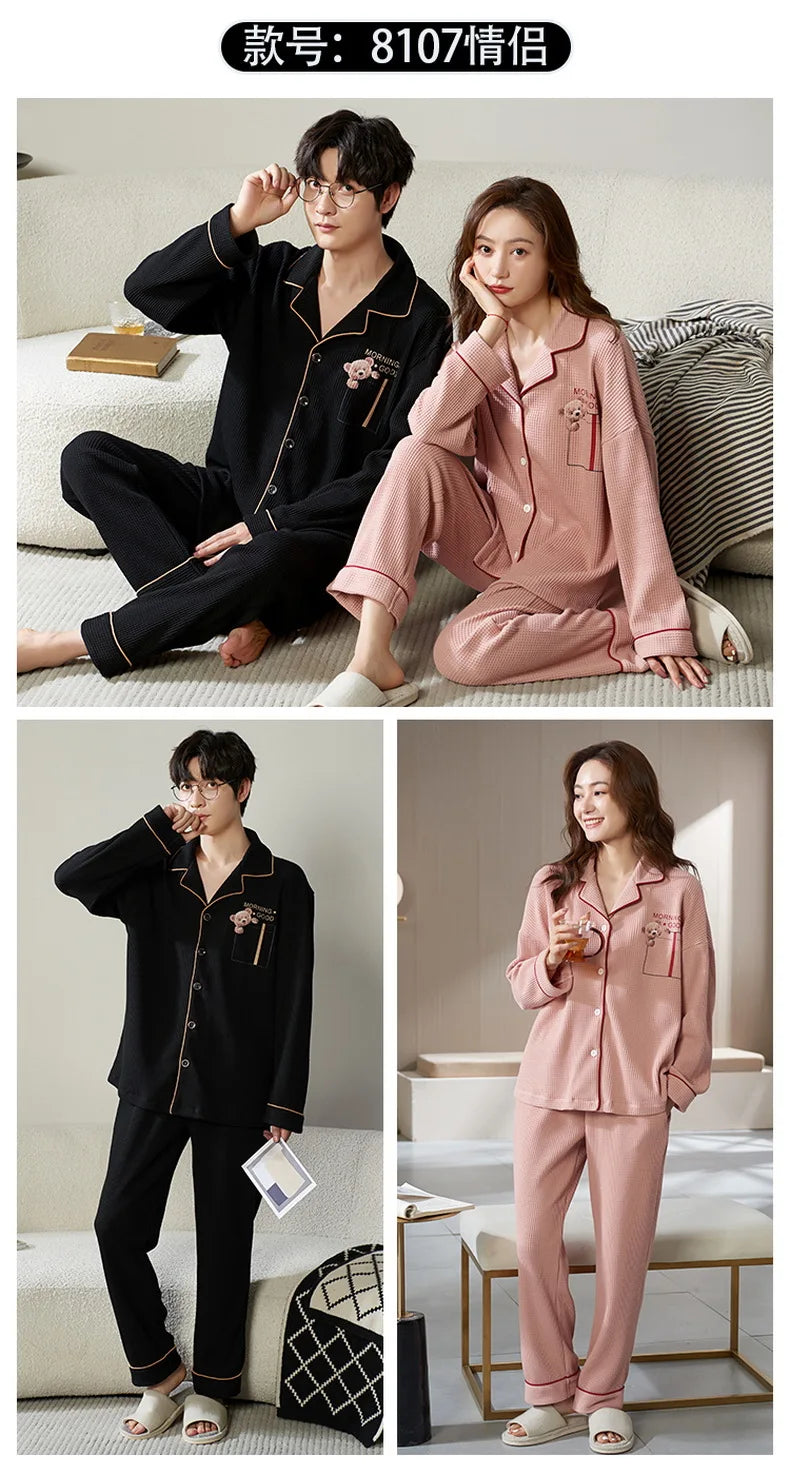 Cotton Sleepwear For Couples Korean Cardigan Men Pijamas Women Pajamas Set Long Sleep Tops Pant Nightwear Pjs pareja hombre