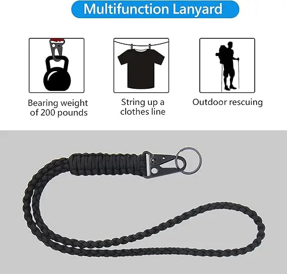 Parachute Cord DIY Braided Belt Black Steel Buckle Mobile Phone Lanyard for Camping Bike Riding Field Outdoor Survival Keychain