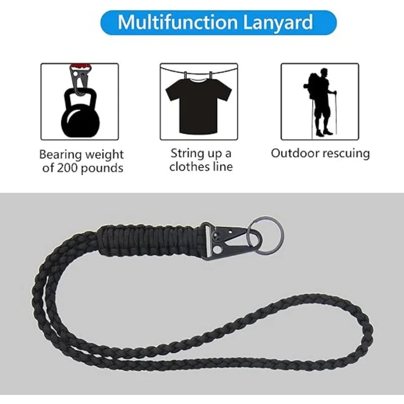 Parachute Cord DIY Braided Belt Black Steel Buckle Mobile Phone Lanyard for Camping Bike Riding Field Outdoor Survival Keychain