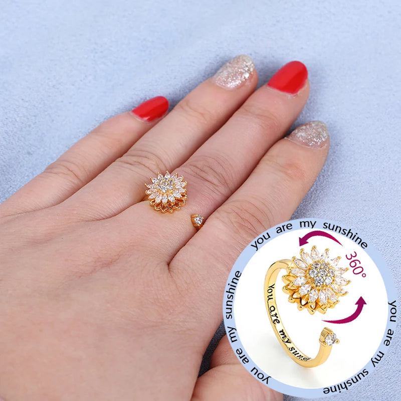 Fidget Anti Stress Anxiety Rings for Women Stainless Steel Gold-plated Rotatable Sun Star Evil Eye Sunflower Spinner Rings