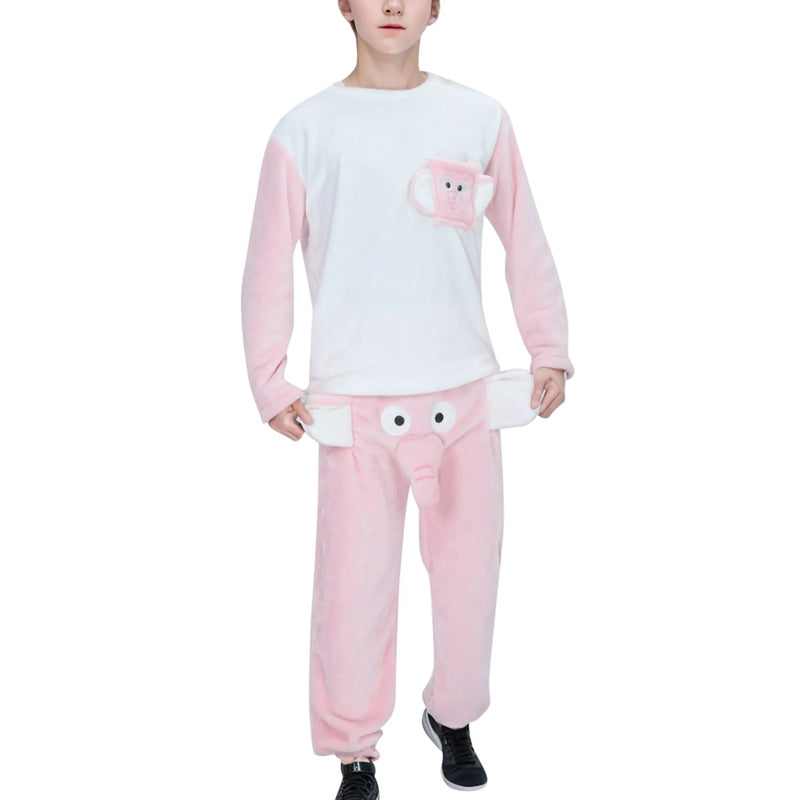 Funny Elephant Men Pajama Sleepwear Novelty Humorous Tops+Pants Two Piece Set Gift For Men Winter Warm Thickened Homewear Dress