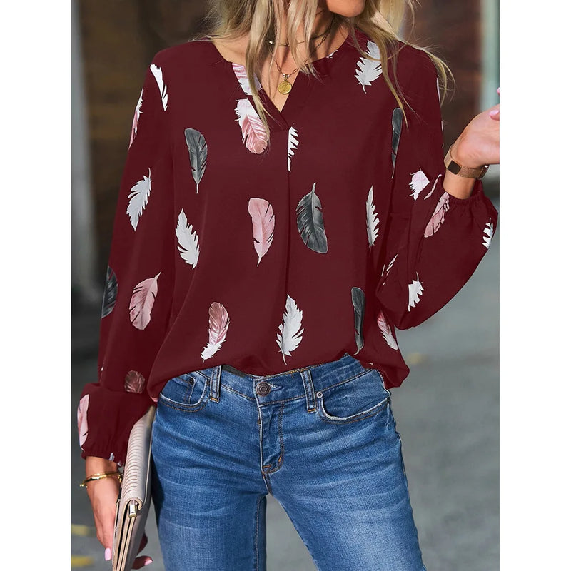 Fashion Woman Blouse Shirts For Women Stylish Top long Sleeve Feather Pattern Female Tops Elegant Chiffon Mujer Woman Clothes