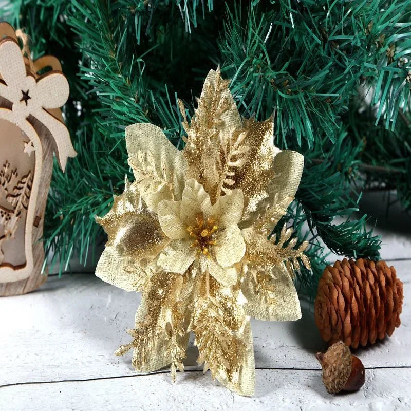 14cm Glitter Artificial Christmas Flowers Xmas Tree Ornaments Merry Christmas Decorations for Home New Year Gift