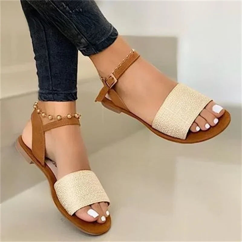 Sandalias de mujer 2024 nuevas de verano, zapatos planos con tiras en el tobillo, zapatos romanos informales para mujer, sandalias de gladiador de punta abierta a la moda para mujer