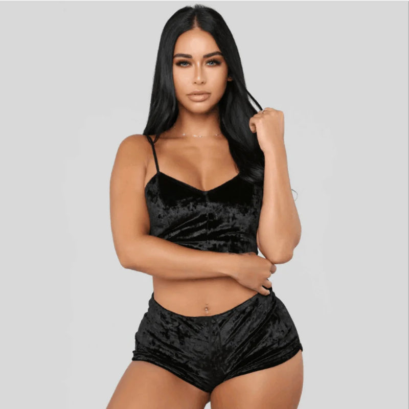 Women's Velvet Polyester Comfortable V-neck Underwear Setcamisole+shorts Pajamas Set Home Clothes Sleeveless Top Shorts