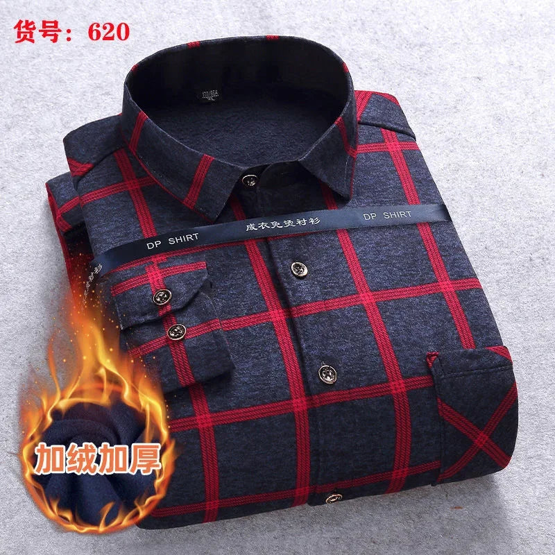 2021 Autumn Winter warm shirt size velvet thickening fashion print plaid shirt long sleeve men's brand shirt dress shirt