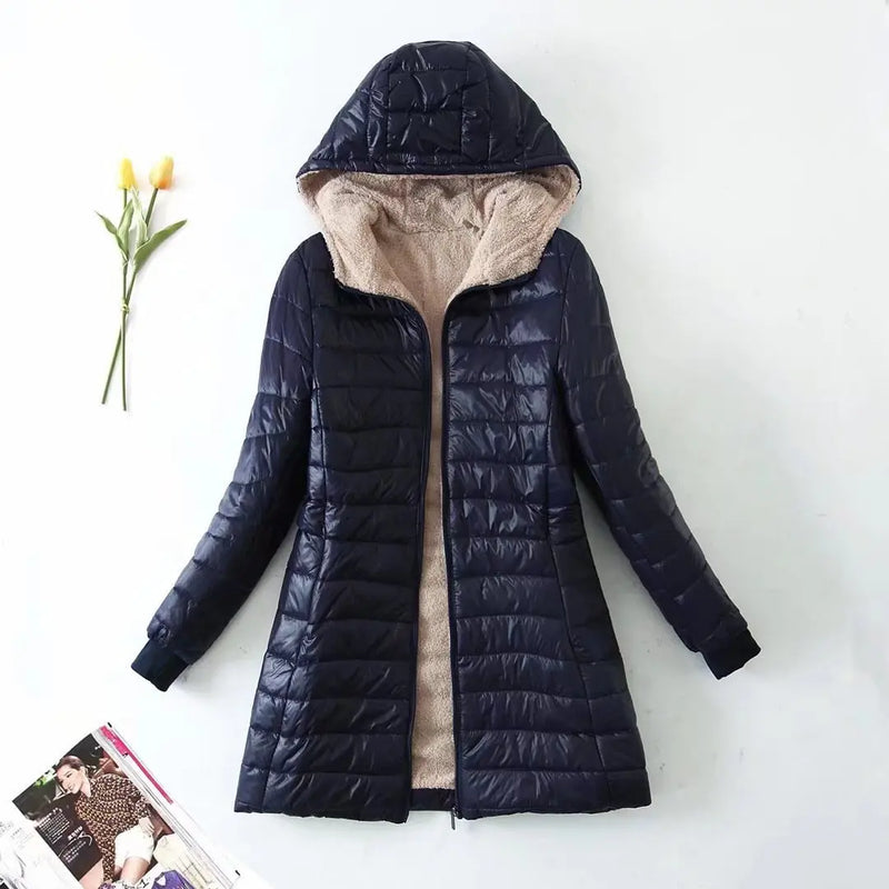 Chaqueta de mujer de invierno nueva de longitud media edición coreana con capucha y ajuste extragrande de algodón polar, parkas cálidas de lana de cordero, chaquetas de invierno