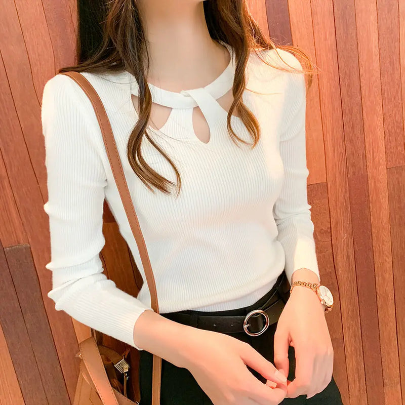 New Autumn and Winter Women's Slim  Stretch Sexy Pullover Hollow Solid Color Sweater Slim Bottoming Shirt  Sweater Ladies