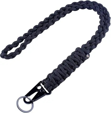 Parachute Cord DIY Braided Belt Black Steel Buckle Mobile Phone Lanyard for Camping Bike Riding Field Outdoor Survival Keychain