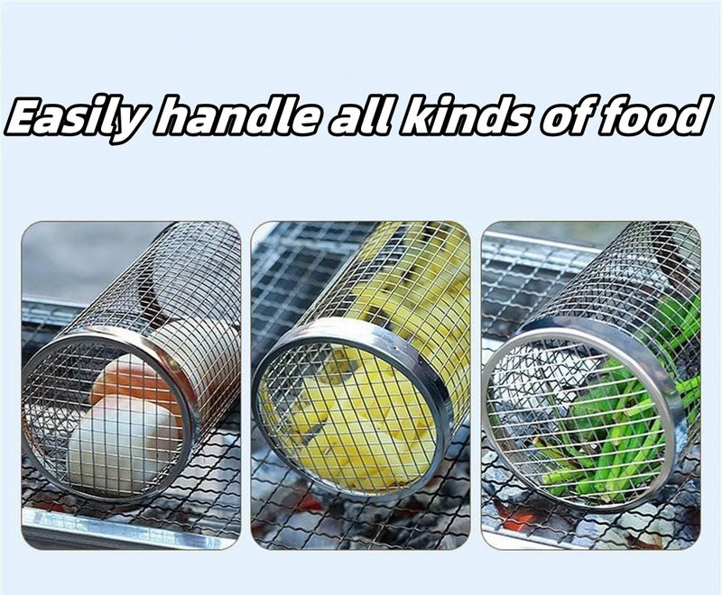 BBQ Basket Stainless Steel Rolling Grilling Basket Wire Mesh Cylinder Grill Basket Portable Round Outdoor Camping Barbecue Rack