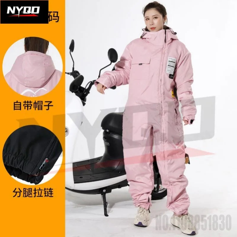 Motorcycle windbreaker split leg straddle ride warm ski suit thickened winter jacket electric bicycle riding suit 오토바이 방한복