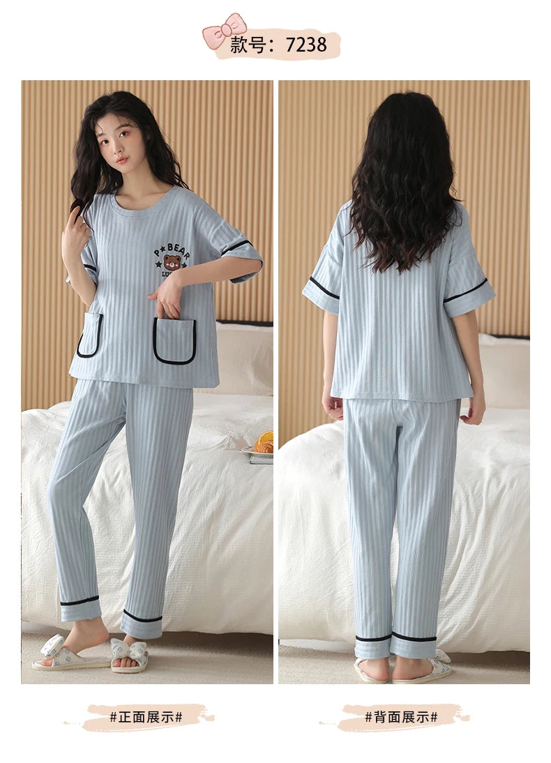 Big Size 5XL Pajama Sets Short Sleeved Cartoon Bear Knitted Pjs Plaid Sleepwear Elegant Women's Pajamas Lounge Home Pijama Mujer