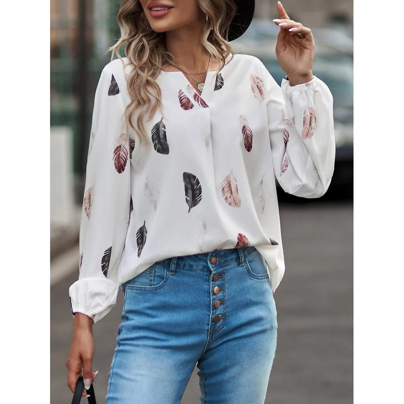 Fashion Woman Blouse Shirts For Women Stylish Top long Sleeve Feather Pattern Female Tops Elegant Chiffon Mujer Woman Clothes