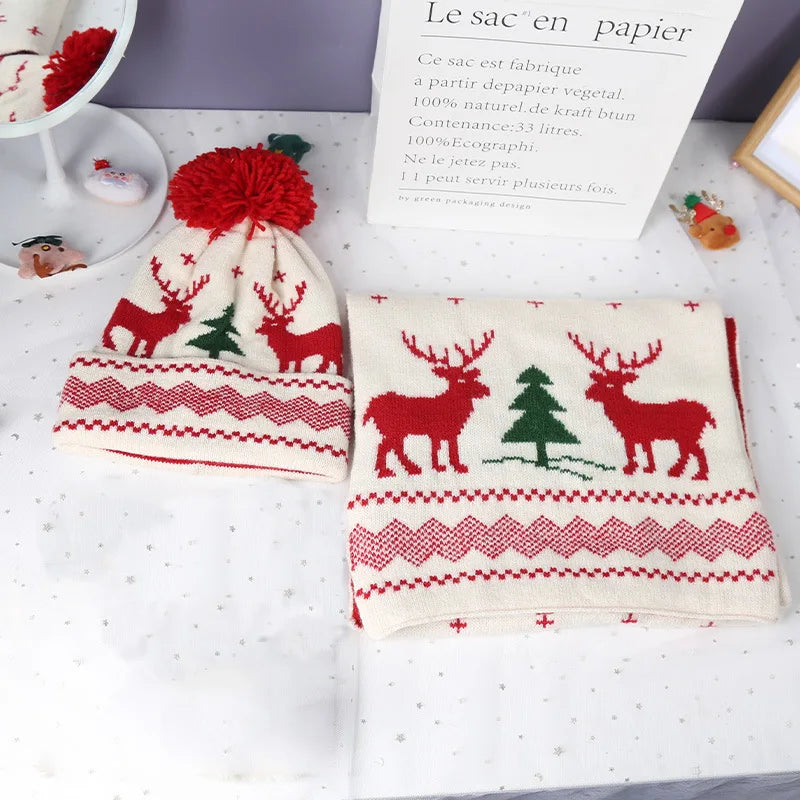 3 Pcs Christmas Hat Scarf Gloves Set Christmas Gifts Winter Christmas Knitted Elf Hat Santa Scarf for Party With Box