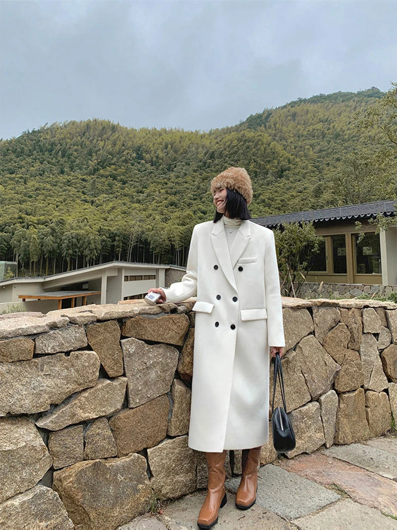 Abrigos largos elegantes de lana para mujer, chaqueta acolchada de calle, abrigo de lana coreano de doble botonadura, prendas de vestir gruesas de gran tamaño para invierno