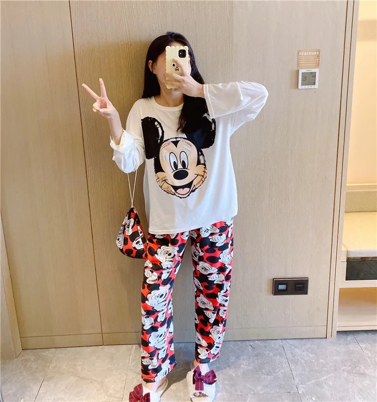 Pijama nuevo de Disney Donald Duck para mujer, conjunto de dos piezas de pantalones de manga larga de algodón de otoño, pijama de seda, conjunto de ropa de estar por casa para mujer